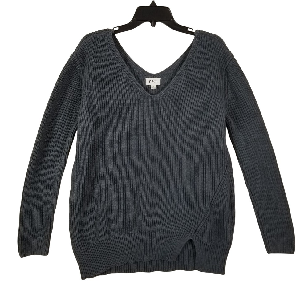 Pact Organic Cotton‎ V-Neck Shaker Knit Sweater Charcoal Gray Asymmetric Hem M